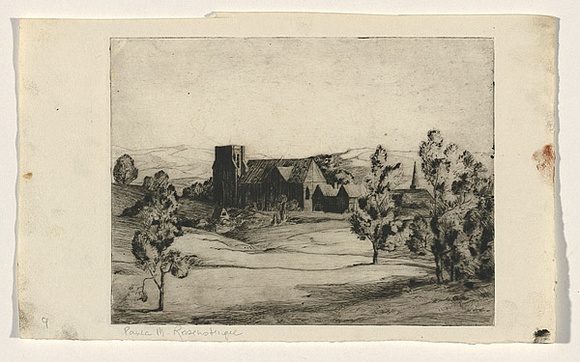 Artist: b'Rosenstengel, Paula.' | Title: b'Roman Catholic Cathedral, Lismore' | Date: c.1935 | Technique: b'drypoint, printed in black ink, from one plate' Artist: b'Rosenstengel, Paula.' | Title: b'Roman Catholic Cathedral, Lismore' | Date: c.1935 | Technique: b'drypoint, printed in black ink, from one plate'