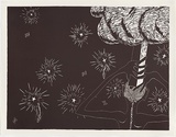 Artist: b'COLEING, Tony' | Title: b'Battlefield (person holding base of crucifix on head).' | Date: 1986 | Technique: b'linocut, printed in black ink, from one block'