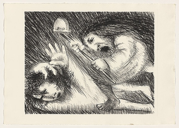 Artist: b'BOYD, Arthur' | Title: b'St Francis being beaten by his father.' | Date: (1965) | Technique: b'lithograph, printed in black ink, from one plate' | Copyright: b'This work appears on screen courtesy of Bundanon Trust' Artist: b'BOYD, Arthur' | Title: b'St Francis being beaten by his father.' | Date: (1965) | Technique: b'lithograph, printed in black ink, from one plate' | Copyright: b'This work appears on screen courtesy of Bundanon Trust'