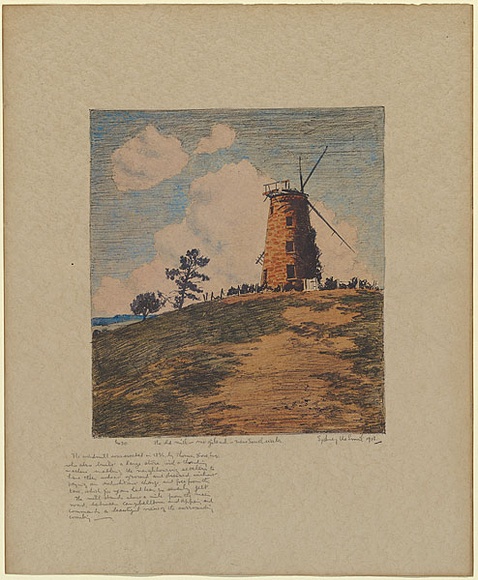 Artist: b'URE SMITH, Sydney' | Title: b'The old mill at Mt Gilead near Campbell Town, NSW' | Date: 1913 | Technique: b'lithograph, printed in black ink, from one stone; hand-coloured' Artist: b'URE SMITH, Sydney' | Title: b'The old mill at Mt Gilead near Campbell Town, NSW' | Date: 1913 | Technique: b'lithograph, printed in black ink, from one stone; hand-coloured'