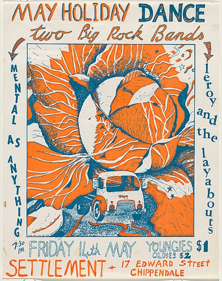 Artist: b'WORSTEAD, Paul' | Title: b'May Holiday Dance two big rock bands: Mental as Anything, Leror and the Layabouts ... Settlement 17 Edward Street Chippendale' | Date: 1976 | Technique: b'screenprint, printed in colour, from multiple stencils' | Copyright: b'This work appears on screen courtesy of the artist' Artist: b'WORSTEAD, Paul' | Title: b'May Holiday Dance two big rock bands: Mental as Anything, Leror and the Layabouts ... Settlement 17 Edward Street Chippendale' | Date: 1976 | Technique: b'screenprint, printed in colour, from multiple stencils' | Copyright: b'This work appears on screen courtesy of the artist'