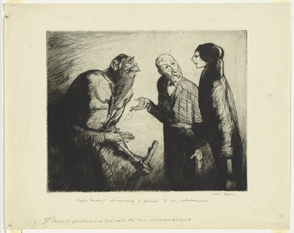 Artist: b'Dyson, Will.' | Title: b'Our psycho analysts: Dr. Freud introduces a patient to her subconscious.' | Date: c.1929 | Technique: b'drypoint, printed in black ink, from one plate' Artist: b'Dyson, Will.' | Title: b'Our psycho analysts: Dr. Freud introduces a patient to her subconscious.' | Date: c.1929 | Technique: b'drypoint, printed in black ink, from one plate'