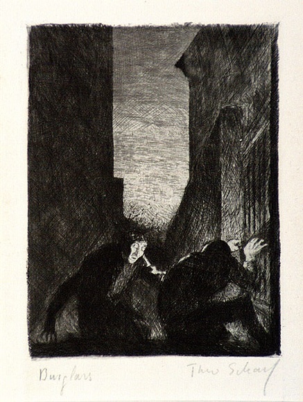 Artist: b'Scharf, Theo.' | Title: b'Burglars' | Date: c.1922 | Technique: b'etching and drypoint, printed in black ink, from one plate' | Copyright: b'\xc2\xa9 The Estate of Theo Scharf.' Artist: b'Scharf, Theo.' | Title: b'Burglars' | Date: c.1922 | Technique: b'etching and drypoint, printed in black ink, from one plate' | Copyright: b'\xc2\xa9 The Estate of Theo Scharf.'