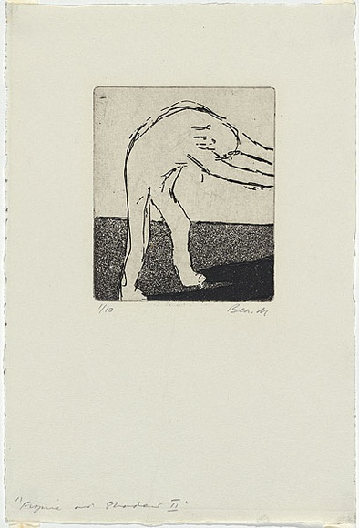 Artist: b'MADDOCK, Bea' | Title: b'Figure and shadow II' | Date: October 1965 | Technique: b'line-etching and aquatint, printed in black ink, from one copper plate' Artist: b'MADDOCK, Bea' | Title: b'Figure and shadow II' | Date: October 1965 | Technique: b'line-etching and aquatint, printed in black ink, from one copper plate'