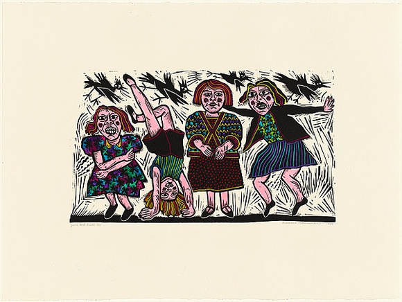Artist: b'HANRAHAN, Barbara' | Title: b'Girls and birds' | Date: 1988 | Technique: b'linocut, printed in black ink, from one block, hand-coloured' Artist: b'HANRAHAN, Barbara' | Title: b'Girls and birds' | Date: 1988 | Technique: b'linocut, printed in black ink, from one block, hand-coloured'
