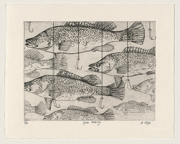 Artist: b'Virgo, Anne.' | Title: b'Gone fishing' | Date: 1999 | Technique: b'etching; collaged addition of cotton and metal hooks' Artist: b'Virgo, Anne.' | Title: b'Gone fishing' | Date: 1999 | Technique: b'etching; collaged addition of cotton and metal hooks'