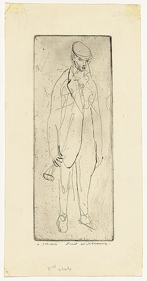 Artist: b'WILLIAMS, Fred' | Title: b'Comedian' | Date: 1955-56 | Technique: b'etching and drypoint, printed in black ink, from one copper plate' | Copyright: b'\xc2\xa9 Fred Williams Estate' Artist: b'WILLIAMS, Fred' | Title: b'Comedian' | Date: 1955-56 | Technique: b'etching and drypoint, printed in black ink, from one copper plate' | Copyright: b'\xc2\xa9 Fred Williams Estate'