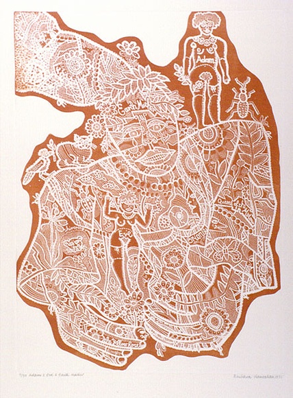 Artist: b'HANRAHAN, Barbara' | Title: b'Adam and Eve and Earth Mother' | Date: 1975 | Technique: b'relief-etching, printed in orange ink, from one block' Artist: b'HANRAHAN, Barbara' | Title: b'Adam and Eve and Earth Mother' | Date: 1975 | Technique: b'relief-etching, printed in orange ink, from one block'