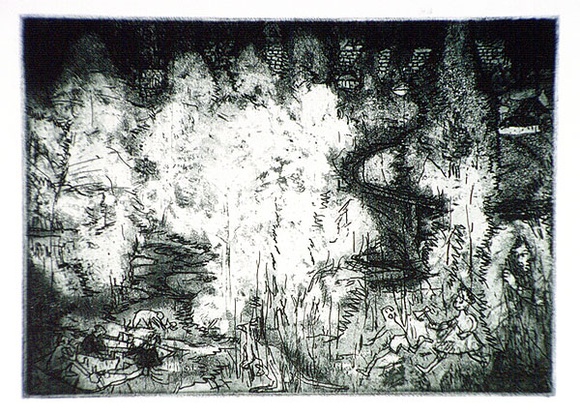 Artist: b'Rooney, Elizabeth.' | Title: b'(Picnic in the country)' | Technique: b'aquatint and softground etching, printed in blue-black ink with plate-tone, from one copper plate' Artist: b'Rooney, Elizabeth.' | Title: b'(Picnic in the country)' | Technique: b'aquatint and softground etching, printed in blue-black ink with plate-tone, from one copper plate'
