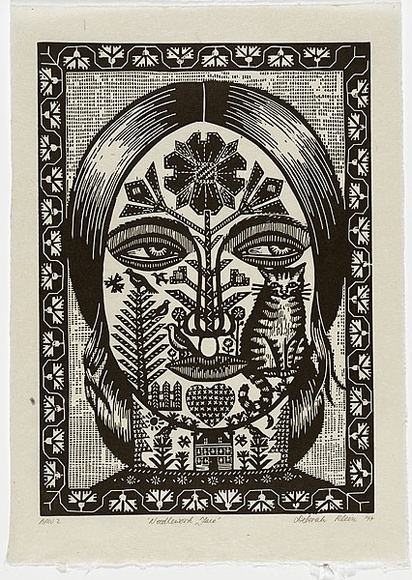 Artist: b'Klein, Deborah.' | Title: b'Needlework face' | Date: 1997 | Technique: b'linocut, printed in black ink, from one block' Artist: b'Klein, Deborah.' | Title: b'Needlework face' | Date: 1997 | Technique: b'linocut, printed in black ink, from one block'