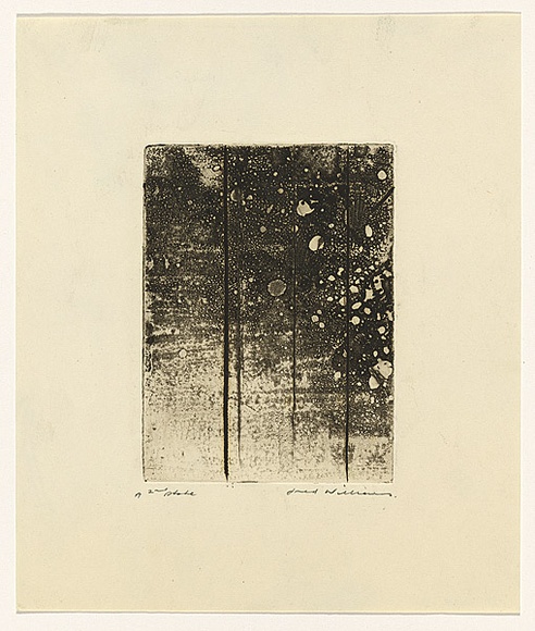 Artist: b'WILLIAMS, Fred' | Title: b'Landscape panel. Number 4' | Date: 1962 | Technique: b'drypoint, engraving and aquatint, printed in black ink, from one copper plate' | Copyright: b'\xc2\xa9 Fred Williams Estate' Artist: b'WILLIAMS, Fred' | Title: b'Landscape panel. Number 4' | Date: 1962 | Technique: b'drypoint, engraving and aquatint, printed in black ink, from one copper plate' | Copyright: b'\xc2\xa9 Fred Williams Estate'
