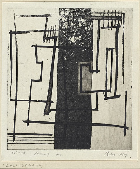 Artist: b'MADDOCK, Bea' | Title: b'Calligraphy' | Date: 1959 | Technique: b'etching, aquatint, deep etch and colour relief' Artist: b'MADDOCK, Bea' | Title: b'Calligraphy' | Date: 1959 | Technique: b'etching, aquatint, deep etch and colour relief'