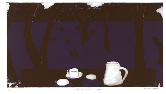 Artist: b'Hattam, Katherine.' | Title: b'Food and water I night' | Date: 1998, September | Technique: b'etching and aquatint, printed in colour, from multiple plates; handcoloured' Artist: b'Hattam, Katherine.' | Title: b'Food and water I night' | Date: 1998, September | Technique: b'etching and aquatint, printed in colour, from multiple plates; handcoloured'