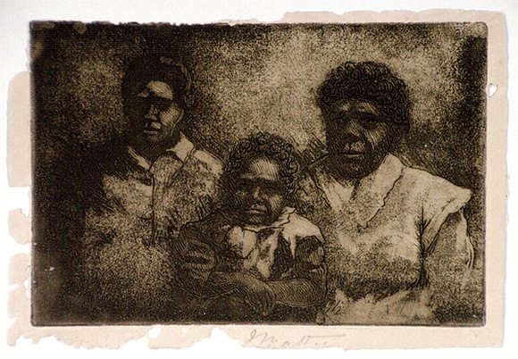 Artist: b'Mather, John.' | Title: b'Aboriginal family' | Date: (1905) | Technique: b'etching and aquatint, printed in brown ink with plate-tone, from one plate' Artist: b'Mather, John.' | Title: b'Aboriginal family' | Date: (1905) | Technique: b'etching and aquatint, printed in brown ink with plate-tone, from one plate'