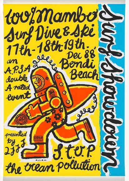 Artist: b'Mambo.' | Title: b'Surf showdown' | Date: c.1985 | Technique: b'offset-lithograph, printed in colour, from multiple plates' Artist: b'Mambo.' | Title: b'Surf showdown' | Date: c.1985 | Technique: b'offset-lithograph, printed in colour, from multiple plates'