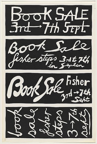 Artist: b'WORSTEAD, Paul' | Title: b'Book Sale' | Date: 1980 | Technique: b'screenprint, printed in black ink, from one stencil' | Copyright: b'This work appears on screen courtesy of the artist' Artist: b'WORSTEAD, Paul' | Title: b'Book Sale' | Date: 1980 | Technique: b'screenprint, printed in black ink, from one stencil' | Copyright: b'This work appears on screen courtesy of the artist'