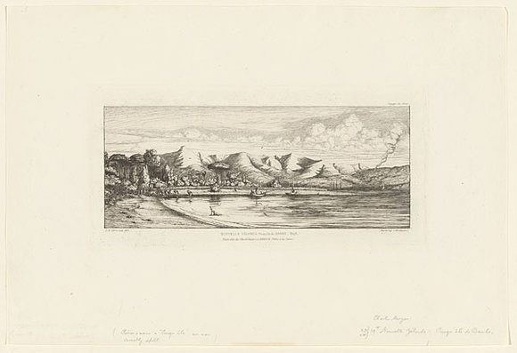 Artist: b'Meryon, Charles.' | Title: bNouvelle Z\xc3\xa9land, Presqu'\xc3\xaele de Banks, 1845, Pointe dite des Charbonniers, \xc3\xa0 Akaroa, P\xc3\xaache a la seine (New Zealand, Banks Peninsula, 1845, Charcoal Burners' Point, at Akaroa, Seine-net fishing) | Date: 1863 | Technique: b'etching, printed in warm black ink, from one plate'