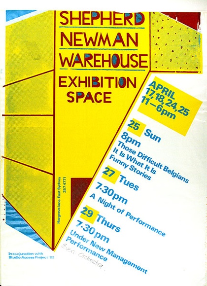 Artist: b'MERD INTERNATIONAL' | Title: b'Poster: Shepherd Newman warehouse exhibition space' | Date: 1982 | Technique: b'screenprint' Artist: b'MERD INTERNATIONAL' | Title: b'Poster: Shepherd Newman warehouse exhibition space' | Date: 1982 | Technique: b'screenprint'