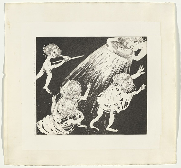 Artist: b'BOYD, Arthur' | Title: b'The women defend themselves.' | Date: (1970) | Technique: b'etching and aquatint, printed in black ink, from one plate' | Copyright: b'Reproduced with permission of Bundanon Trust' Artist: b'BOYD, Arthur' | Title: b'The women defend themselves.' | Date: (1970) | Technique: b'etching and aquatint, printed in black ink, from one plate' | Copyright: b'Reproduced with permission of Bundanon Trust'