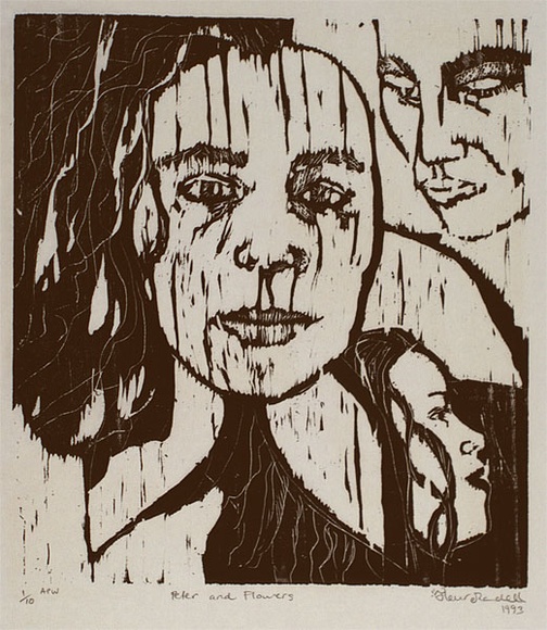 Artist: b'Randell, Fleur.' | Title: b'Peter and flowers' | Date: 1993 | Technique: b'woodblock, printed in black ink, from one block' Artist: b'Randell, Fleur.' | Title: b'Peter and flowers' | Date: 1993 | Technique: b'woodblock, printed in black ink, from one block'