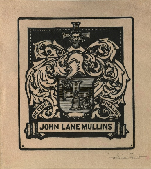 Artist: b'FEINT, Adrian' | Title: b'Bookplate: John Lane Mullins.' | Date: (1927) | Technique: b'wood-engraving, printed in green ink, from one block' | Copyright: b'Courtesy the Estate of Adrian Feint' Artist: b'FEINT, Adrian' | Title: b'Bookplate: John Lane Mullins.' | Date: (1927) | Technique: b'wood-engraving, printed in green ink, from one block' | Copyright: b'Courtesy the Estate of Adrian Feint'