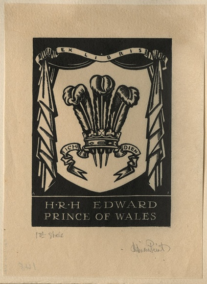 Artist: b'FEINT, Adrian' | Title: b'Bookplate: H R H Edward Prince of Wales.' | Date: (1934) | Technique: b'wood-engraving, printed in black ink, from one block' | Copyright: b'Courtesy the Estate of Adrian Feint' Artist: b'FEINT, Adrian' | Title: b'Bookplate: H R H Edward Prince of Wales.' | Date: (1934) | Technique: b'wood-engraving, printed in black ink, from one block' | Copyright: b'Courtesy the Estate of Adrian Feint'