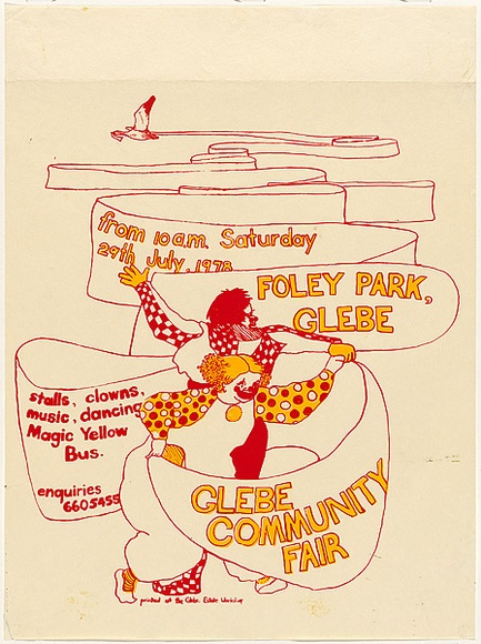 Artist: b'Lane, Leonie.' | Title: b'Glebe Community Fair' | Date: 1978 | Technique: b'screenprint, printed in colour, from two stencils' | Copyright: b'\xc2\xa9 Leonie Lane' Artist: b'Lane, Leonie.' | Title: b'Glebe Community Fair' | Date: 1978 | Technique: b'screenprint, printed in colour, from two stencils' | Copyright: b'\xc2\xa9 Leonie Lane'