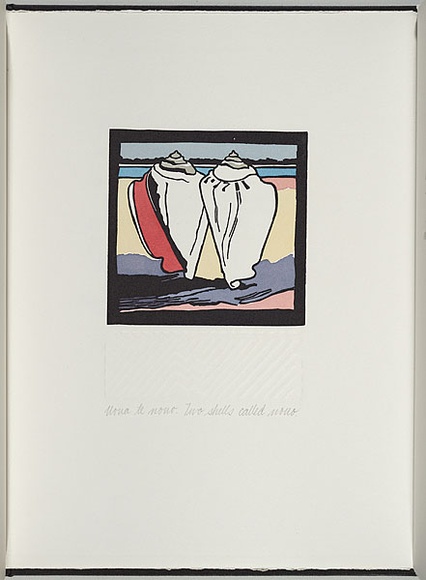 Artist: b'White, Robin.' | Title: b'Not titled (two shells called nouo).' | Date: 1985 | Technique: b'woodcut, printed in black ink, from one block; handcoloured' Artist: b'White, Robin.' | Title: b'Not titled (two shells called nouo).' | Date: 1985 | Technique: b'woodcut, printed in black ink, from one block; handcoloured'