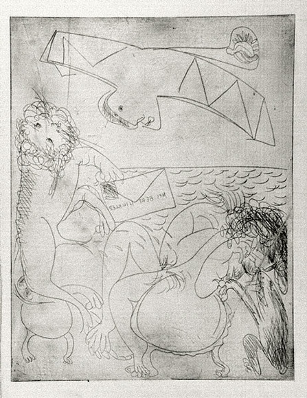 Artist: b'BOYD, Arthur' | Title: b'Bert Hinkler; his wife and lion and letter.' | Date: (1968-69) | Technique: b'etching, printed in black ink, from one plate' | Copyright: b'Reproduced with permission of Bundanon Trust' Artist: b'BOYD, Arthur' | Title: b'Bert Hinkler; his wife and lion and letter.' | Date: (1968-69) | Technique: b'etching, printed in black ink, from one plate' | Copyright: b'Reproduced with permission of Bundanon Trust'