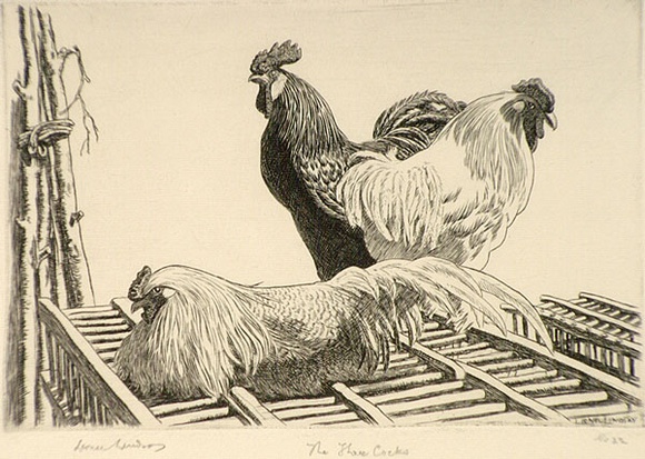 Artist: b'LINDSAY, Lionel' | Title: b'The three cocks' | Date: 1942 | Technique: b'line-engraving, printed in black ink, from one copper plate' | Copyright: b'Courtesy of the National Library of Australia' Artist: b'LINDSAY, Lionel' | Title: b'The three cocks' | Date: 1942 | Technique: b'line-engraving, printed in black ink, from one copper plate' | Copyright: b'Courtesy of the National Library of Australia'
