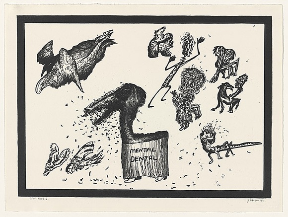 Artist: b'Paterson, Jim.' | Title: b'Mental dental' | Date: 1984 | Technique: b'lithograph, printed in black ink, from one zinc plate' Artist: b'Paterson, Jim.' | Title: b'Mental dental' | Date: 1984 | Technique: b'lithograph, printed in black ink, from one zinc plate'