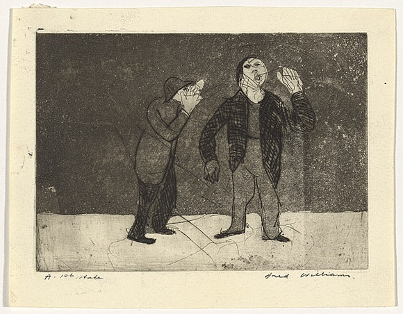 Artist: b'WILLIAMS, Fred' | Title: b'Two actors on stage' | Date: 1955-56 | Technique: b'etching, aquatint and drypoint, printed in black ink, from one copper plate' | Copyright: b'\xc2\xa9 Fred Williams Estate' Artist: b'WILLIAMS, Fred' | Title: b'Two actors on stage' | Date: 1955-56 | Technique: b'etching, aquatint and drypoint, printed in black ink, from one copper plate' | Copyright: b'\xc2\xa9 Fred Williams Estate'