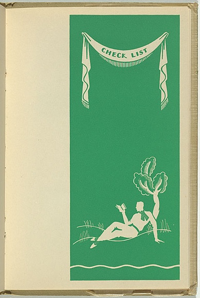 Artist: b'FEINT, Adrian' | Title: b'Check list.' | Date: 1934 | Technique: b'woodcut, printed in green ink, from one block' | Copyright: b'Courtesy the Estate of Adrian Feint' Artist: b'FEINT, Adrian' | Title: b'Check list.' | Date: 1934 | Technique: b'woodcut, printed in green ink, from one block' | Copyright: b'Courtesy the Estate of Adrian Feint'