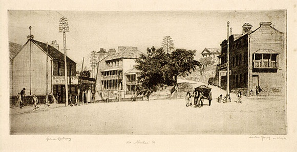 Artist: b'LINDSAY, Lionel' | Title: b'Old Miller Street, Sydney' | Date: 1925 | Technique: b'etching, printed in black ink with plate-tone, from one plate' | Copyright: b'Courtesy of the National Library of Australia' Artist: b'LINDSAY, Lionel' | Title: b'Old Miller Street, Sydney' | Date: 1925 | Technique: b'etching, printed in black ink with plate-tone, from one plate' | Copyright: b'Courtesy of the National Library of Australia'