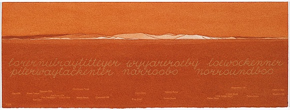 Artist: b'MADDOCK, Bea' | Title: b'Terra Spiritus...with a darker shade of pale' | Date: 1993-98 | Technique: b'stencil print, printed in hand-ground Launceston ochre from multiple hand-cut mylar stencils; letterpress text blind printed; hand-drawn script' Artist: b'MADDOCK, Bea' | Title: b'Terra Spiritus...with a darker shade of pale' | Date: 1993-98 | Technique: b'stencil print, printed in hand-ground Launceston ochre from multiple hand-cut mylar stencils; letterpress text blind printed; hand-drawn script'