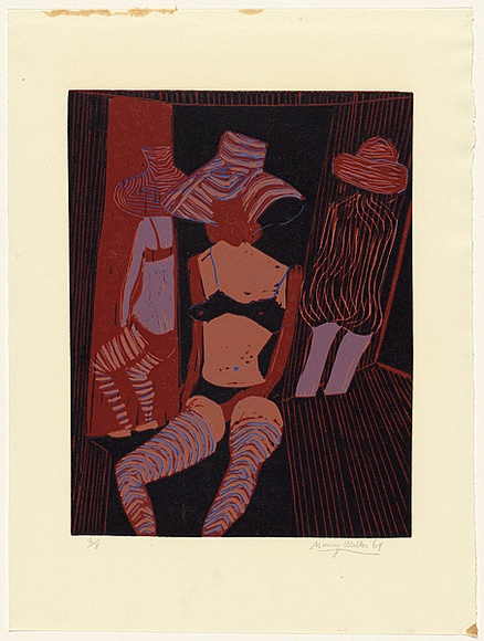Artist: b'WALKER, Murray' | Title: b'Miss Karen and two others' | Date: 1968? | Technique: b'linocut, printed in colour, from four blocks' Artist: b'WALKER, Murray' | Title: b'Miss Karen and two others' | Date: 1968? | Technique: b'linocut, printed in colour, from four blocks'