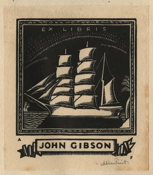 Artist: b'FEINT, Adrian' | Title: b'Bookplate: John Gibson.' | Date: (1932) | Technique: b'wood-engraving, printed in black ink, from one block' | Copyright: b'Courtesy the Estate of Adrian Feint' Artist: b'FEINT, Adrian' | Title: b'Bookplate: John Gibson.' | Date: (1932) | Technique: b'wood-engraving, printed in black ink, from one block' | Copyright: b'Courtesy the Estate of Adrian Feint'