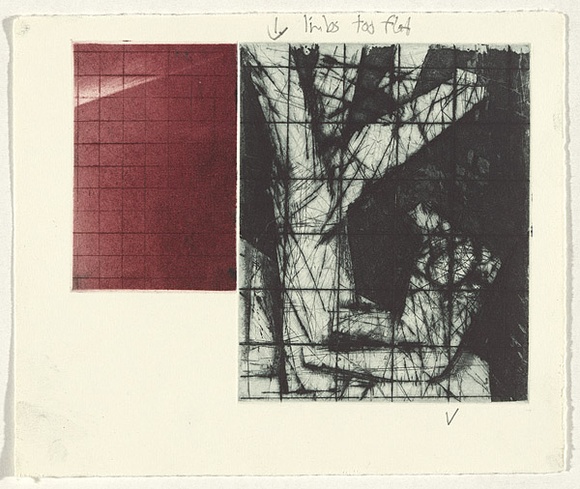 Artist: b'Pratt, John.' | Title: b'Incline' | Date: 30 March 1998 | Technique: b'etching and aquatint, printed in black and red ink, from two zinc plates' Artist: b'Pratt, John.' | Title: b'Incline' | Date: 30 March 1998 | Technique: b'etching and aquatint, printed in black and red ink, from two zinc plates'