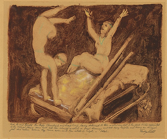 Artist: b'Bell, George..' | Title: b'The joyous return.' | Date: 1949 | Technique: b'monotype, printed in brown ink, from one plate; additions in pastel' Artist: b'Bell, George..' | Title: b'The joyous return.' | Date: 1949 | Technique: b'monotype, printed in brown ink, from one plate; additions in pastel'