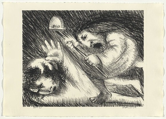 Artist: b'BOYD, Arthur' | Title: b'St Francis being beaten by his father.' | Date: (1965) | Technique: b'lithograph, printed in black ink, from one plate' | Copyright: b'Reproduced with permission of Bundanon Trust' Artist: b'BOYD, Arthur' | Title: b'St Francis being beaten by his father.' | Date: (1965) | Technique: b'lithograph, printed in black ink, from one plate' | Copyright: b'Reproduced with permission of Bundanon Trust'