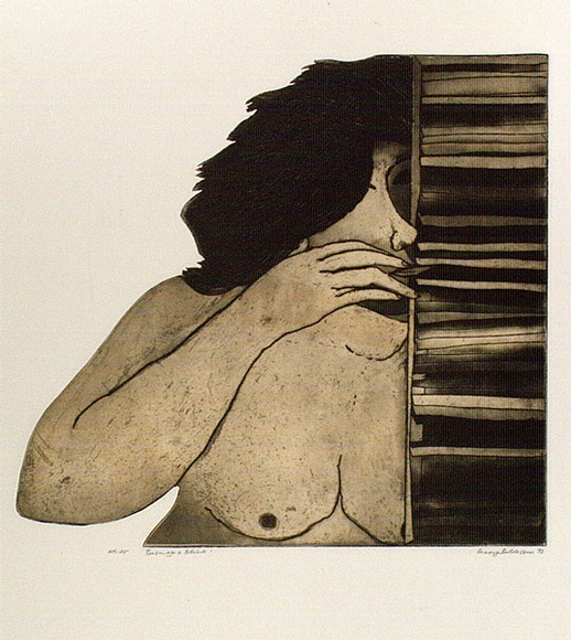 Artist: b'BALDESSIN, George' | Title: b'Personage and blind.' | Date: 1973 | Technique: b'etching and aquatint, printed in black ink, from one shaped plate, over blue ink.' Artist: b'BALDESSIN, George' | Title: b'Personage and blind.' | Date: 1973 | Technique: b'etching and aquatint, printed in black ink, from one shaped plate, over blue ink.'
