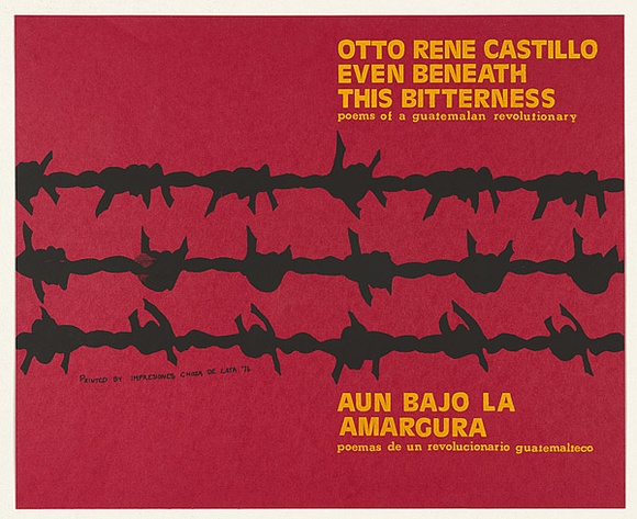 Artist: b'Villazon, Jorge.' | Title: b'Otto Rene Castillo, even beneath this bitterness' | Date: 1976 | Technique: b'screenprint, printed in colour, from three stencils' Artist: b'Villazon, Jorge.' | Title: b'Otto Rene Castillo, even beneath this bitterness' | Date: 1976 | Technique: b'screenprint, printed in colour, from three stencils'