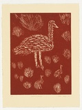 Artist: Bird Petyarre, Ada. | Title: Emu and chicks | Date: 1991 | Technique: linocut, printed in red ink, from one block | Copyright: © Ada Bird Petyarr. Licensed by VISCOPY, Australia