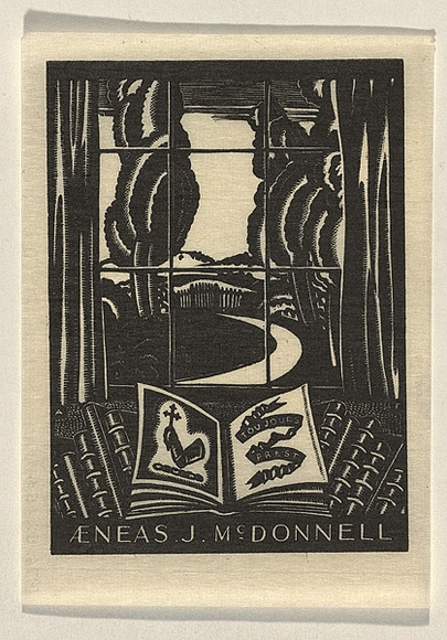 Artist: b'FEINT, Adrian' | Title: b'Bookplate: Aeneas J McDonnell.' | Date: 1933 | Technique: b'wood-engraving, printed in black ink, from one block' | Copyright: b'Courtesy the Estate of Adrian Feint' Artist: b'FEINT, Adrian' | Title: b'Bookplate: Aeneas J McDonnell.' | Date: 1933 | Technique: b'wood-engraving, printed in black ink, from one block' | Copyright: b'Courtesy the Estate of Adrian Feint'