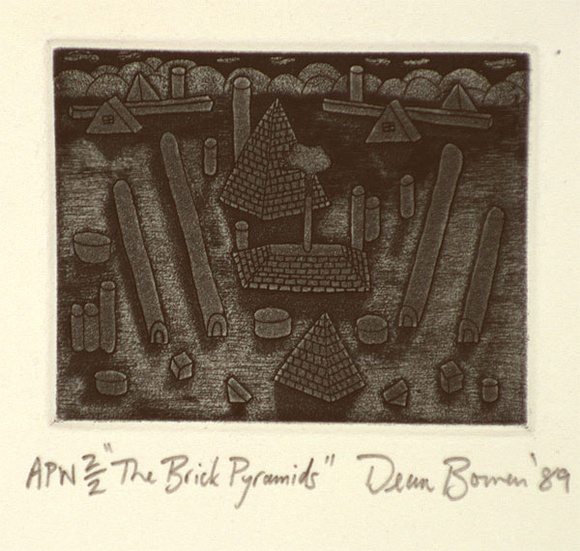Artist: b'Bowen, Dean.' | Title: b'The brick pyramids' | Date: 1989 | Technique: b'etching, printed in blue ink, from one plate' Artist: b'Bowen, Dean.' | Title: b'The brick pyramids' | Date: 1989 | Technique: b'etching, printed in blue ink, from one plate'