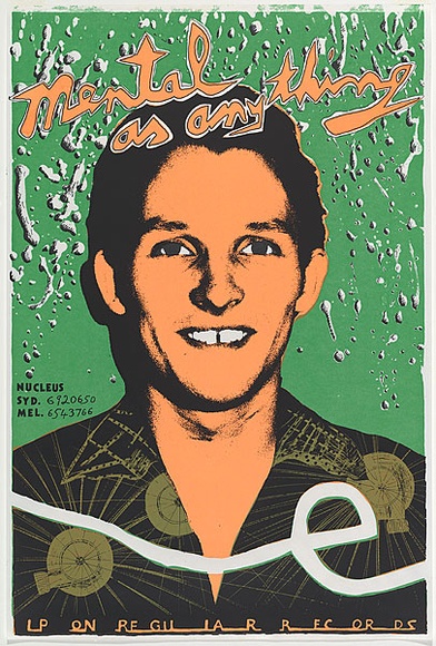 Artist: b'WORSTEAD, Paul' | Title: b'Mental as anything - Get wet.' | Date: 1979 | Technique: b'screenprint, printed in colour, from three stencils' | Copyright: b'This work appears on screen courtesy of the artist' Artist: b'WORSTEAD, Paul' | Title: b'Mental as anything - Get wet.' | Date: 1979 | Technique: b'screenprint, printed in colour, from three stencils' | Copyright: b'This work appears on screen courtesy of the artist'