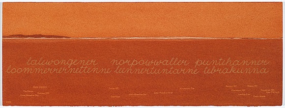 Artist: b'MADDOCK, Bea' | Title: b'Terra Spiritus...with a darker shade of pale' | Date: 1993-98 | Technique: b'stencil print, printed in hand-ground Launceston ochre from multiple hand-cut mylar stencils; letterpress text blind printed; hand-drawn script' Artist: b'MADDOCK, Bea' | Title: b'Terra Spiritus...with a darker shade of pale' | Date: 1993-98 | Technique: b'stencil print, printed in hand-ground Launceston ochre from multiple hand-cut mylar stencils; letterpress text blind printed; hand-drawn script'