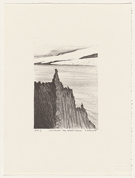 Artist: b'Elliott, Fred W.' | Title: b'Corinthian Bay, Heard Island, 1953' | Date: 1997, February | Technique: b'photo-lithograph, printed in black ink, from one stone' | Copyright: b'By courtesy of the artist' Artist: b'Elliott, Fred W.' | Title: b'Corinthian Bay, Heard Island, 1953' | Date: 1997, February | Technique: b'photo-lithograph, printed in black ink, from one stone' | Copyright: b'By courtesy of the artist'