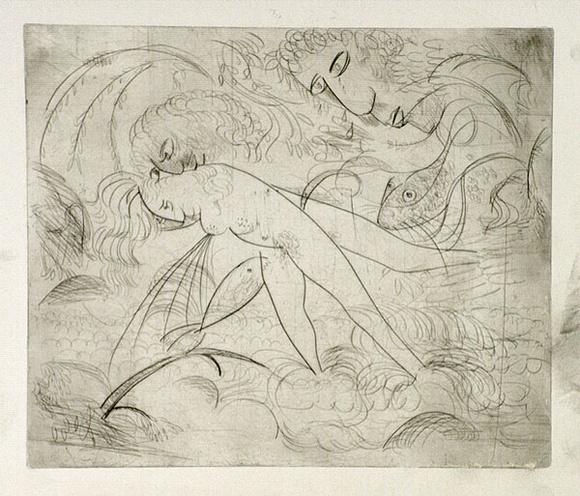 Artist: b'BOYD, Arthur' | Title: b'Fish biting nude.' | Date: (1962-63) | Technique: b'drypoint, printed in black ink, from one plate' | Copyright: b'Reproduced with permission of Bundanon Trust' Artist: b'BOYD, Arthur' | Title: b'Fish biting nude.' | Date: (1962-63) | Technique: b'drypoint, printed in black ink, from one plate' | Copyright: b'Reproduced with permission of Bundanon Trust'