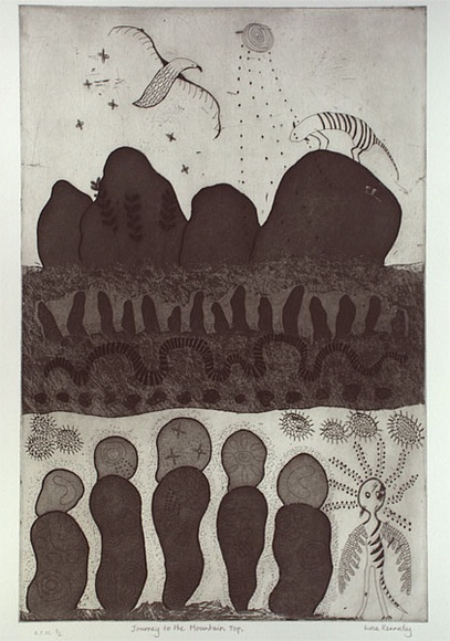 Artist: b'Kennedy, Lisa.' | Title: b'Journey to the mountain top' | Date: 1999, July - August | Technique: b'etching and aquatint, printed in black ink, from one plate' Artist: b'Kennedy, Lisa.' | Title: b'Journey to the mountain top' | Date: 1999, July - August | Technique: b'etching and aquatint, printed in black ink, from one plate'